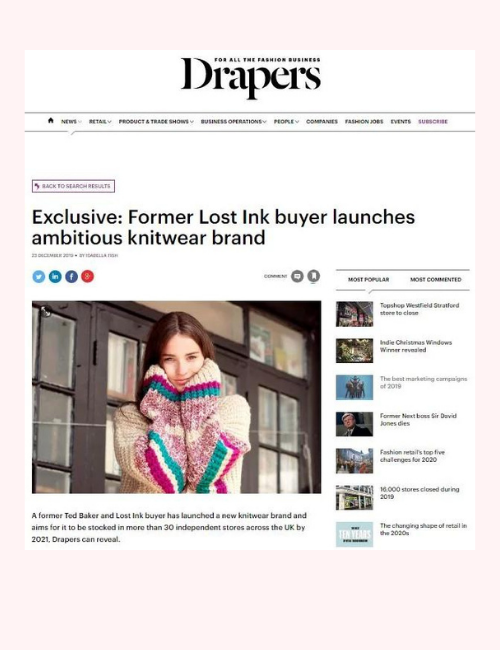 Drapers online article, including a photo of a woman standing in front of a doorway, in a stripy cardigan