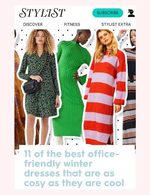 Knitted orange and lilac dress beside other colourful knits on the cover of Stylist Magazine