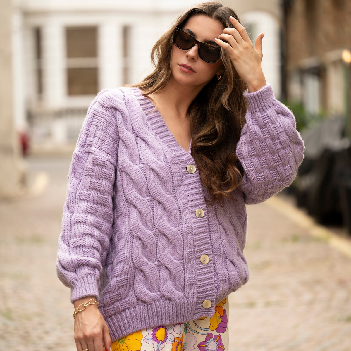 Gemma Basket Lilac Chunky Knit Balloon Sleeve Cardigan Cara The Sky
