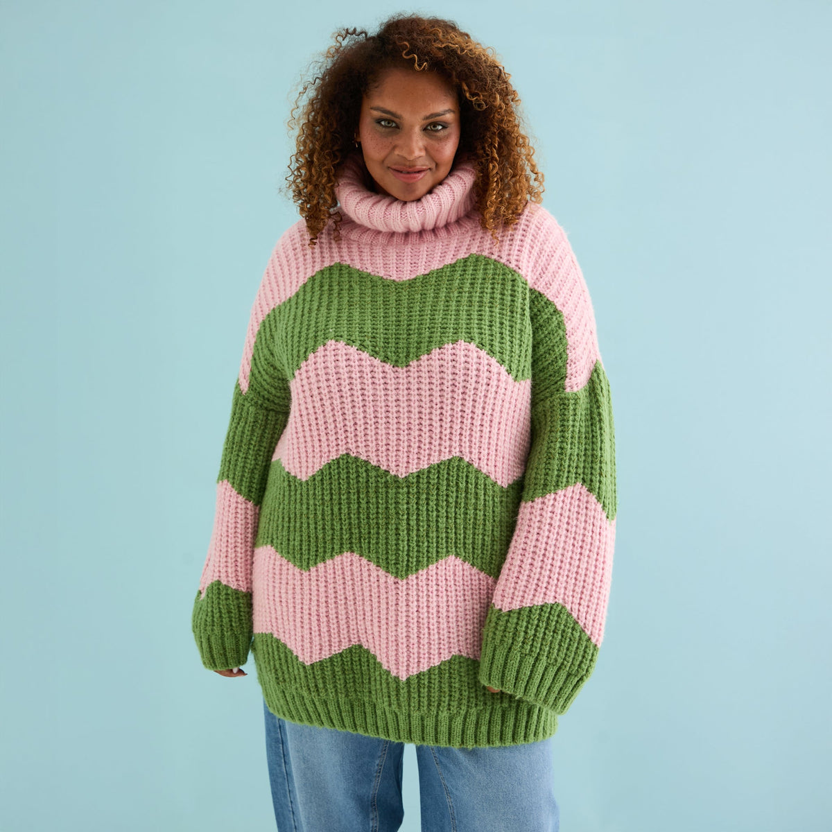 Nelly Chevron Roll Neck Knitted Jumper Dress Pink