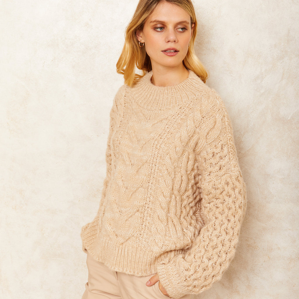 Bella Cable High Neck Jumper - Biscuit - Cara & The Sky