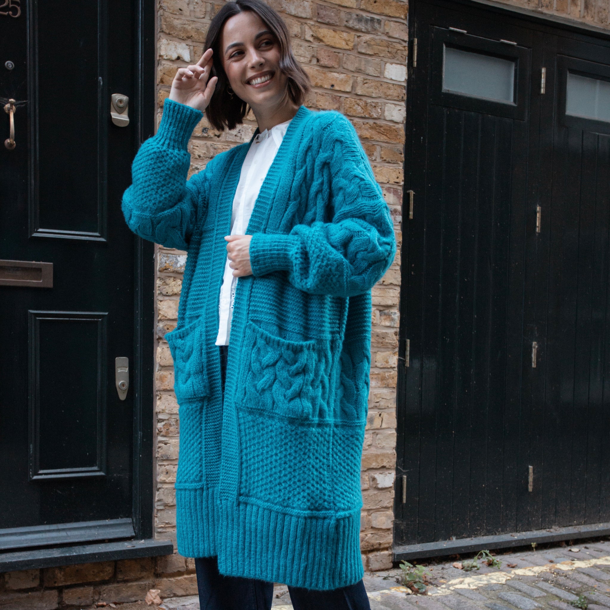 Alex Teal Cable Balloon Sleeve Maxi Cardigan | Cara & The Sky