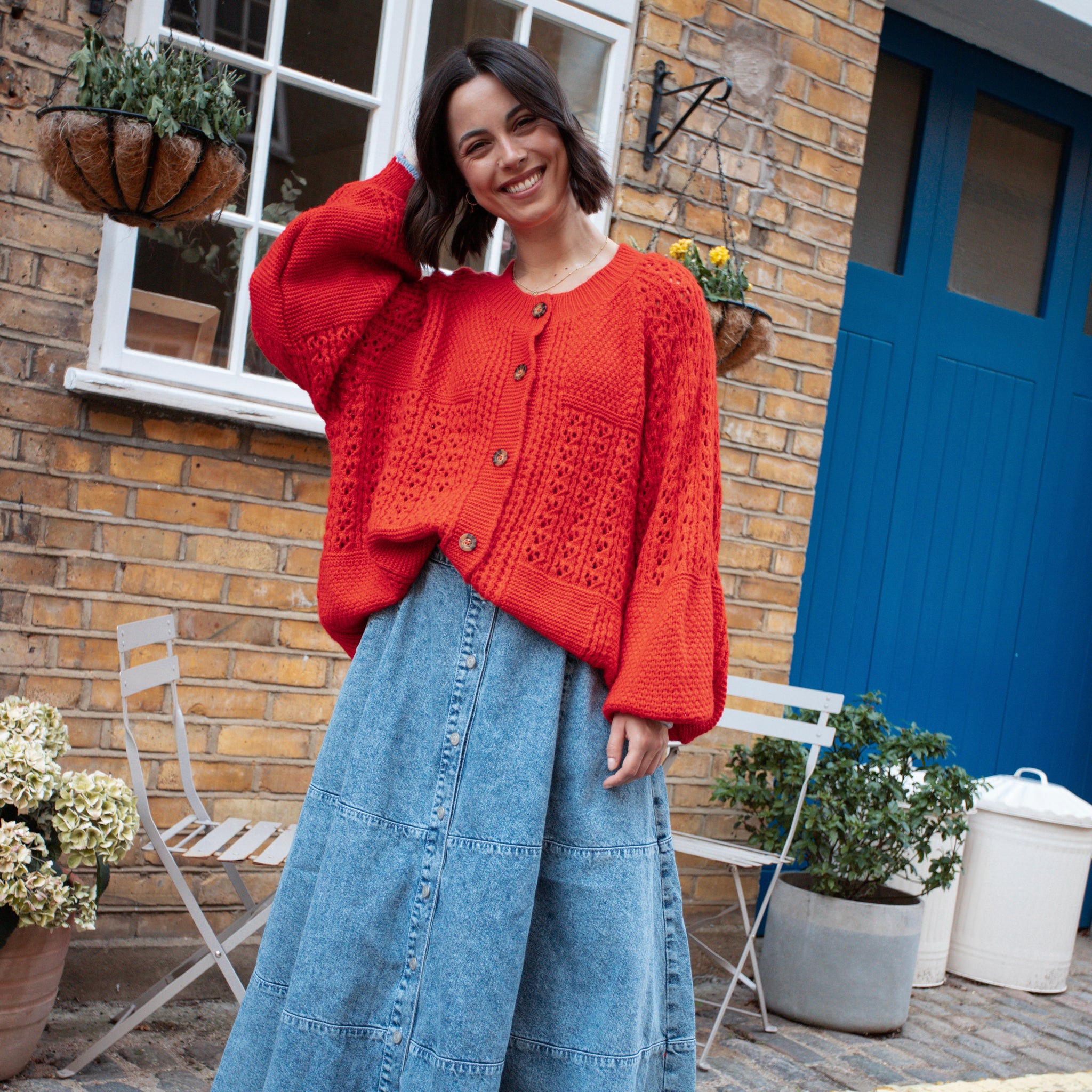 Brigit Orange Pointelle Stitch Balloon Sleeve Cardigan | Cara