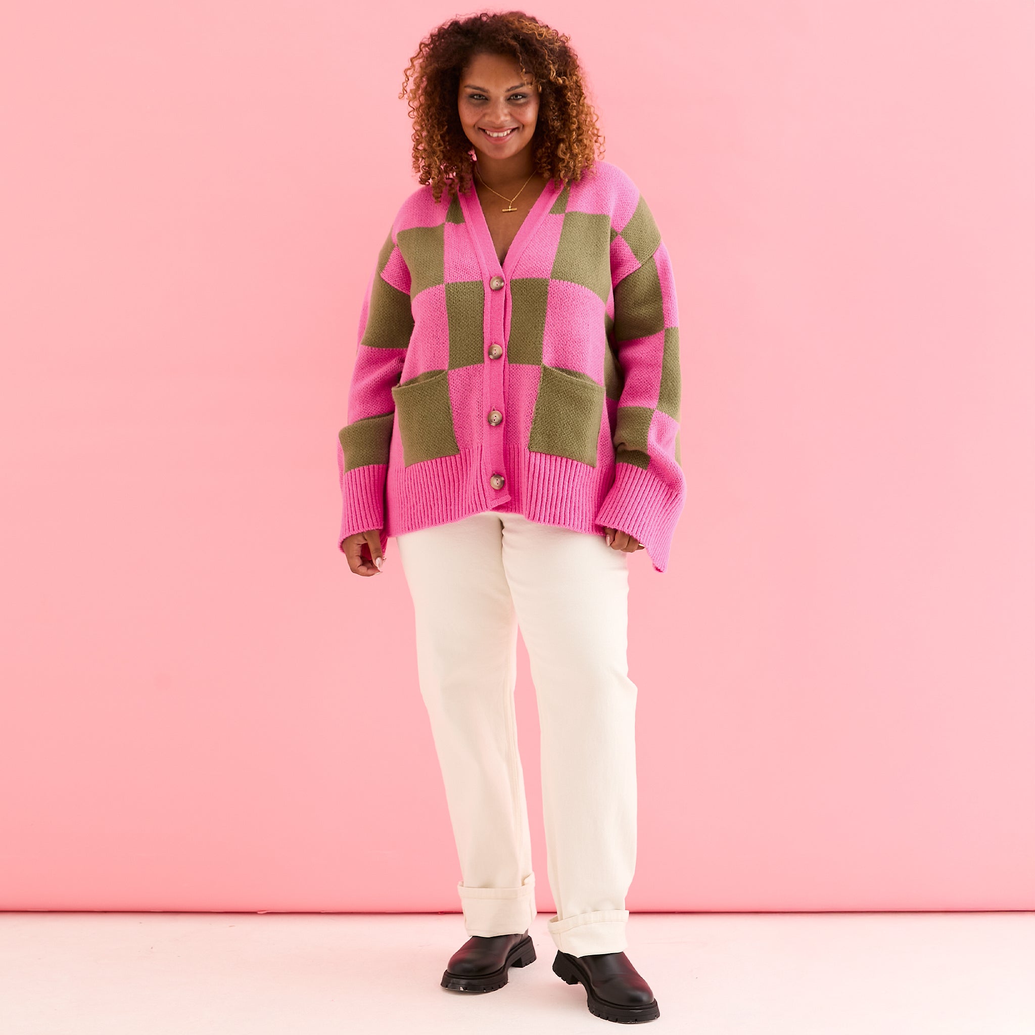 Candice Pink Checked Wide Sleeve Cardigan | Cara & The Sky