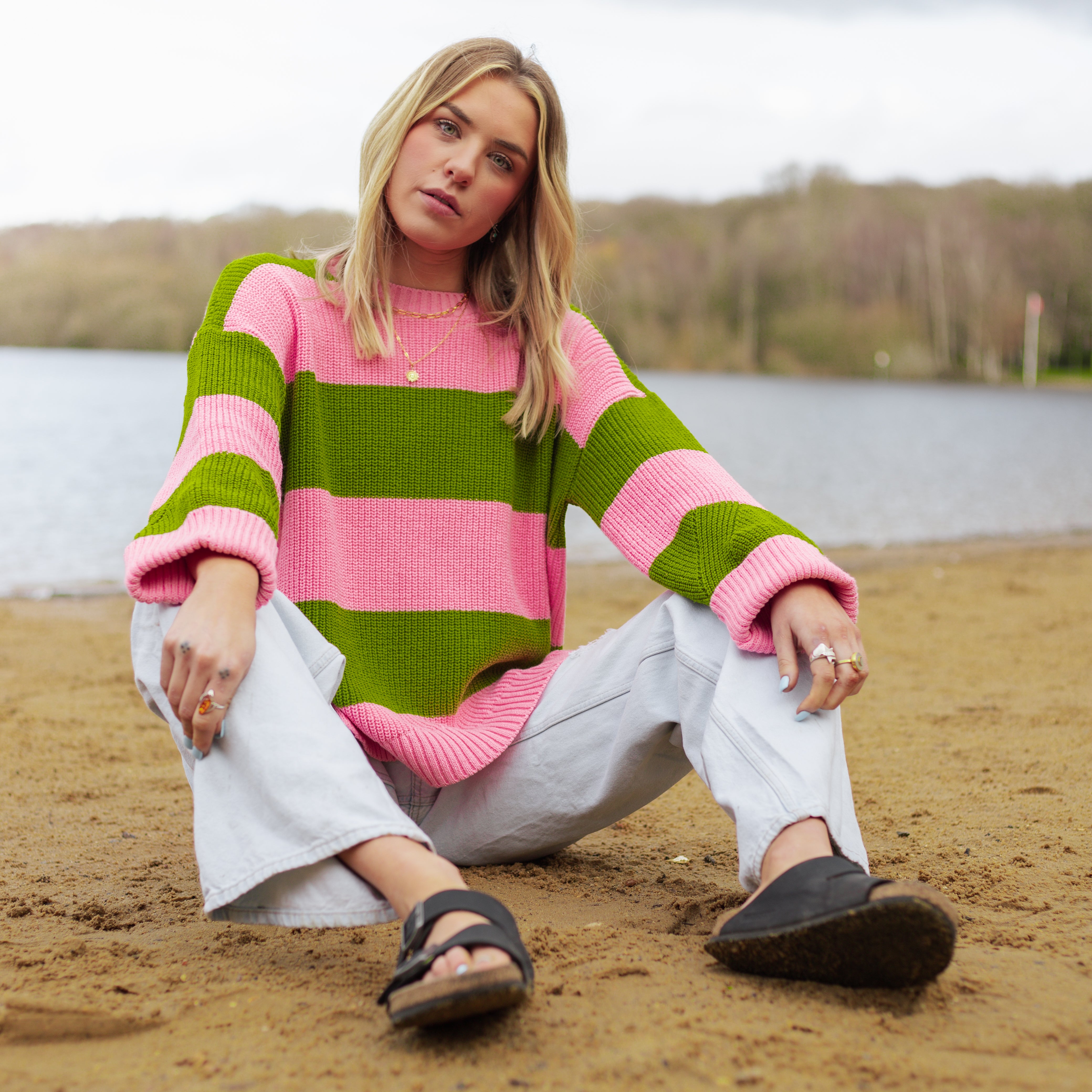 Rhiannon Chunky Stripe Knitted Jumper Pink and Green Cara