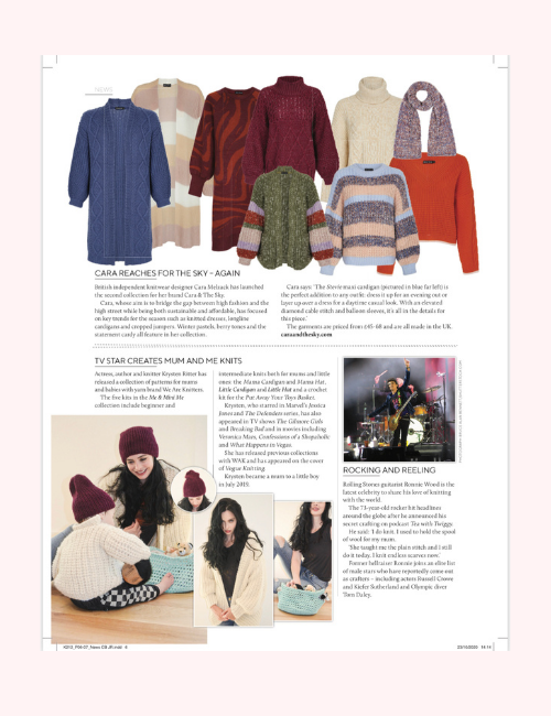Article in Knitting Magazine featuring product photo of Cara & The Sky jumper