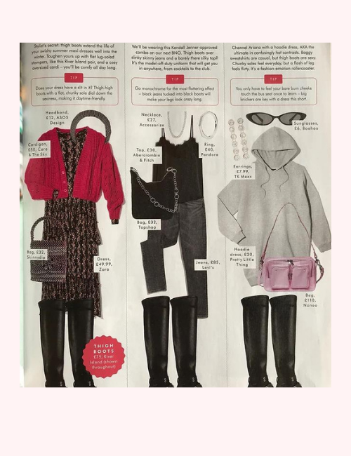 Magazine article of several outfit combinations, including a berry red cardigan from Cara & The Sky