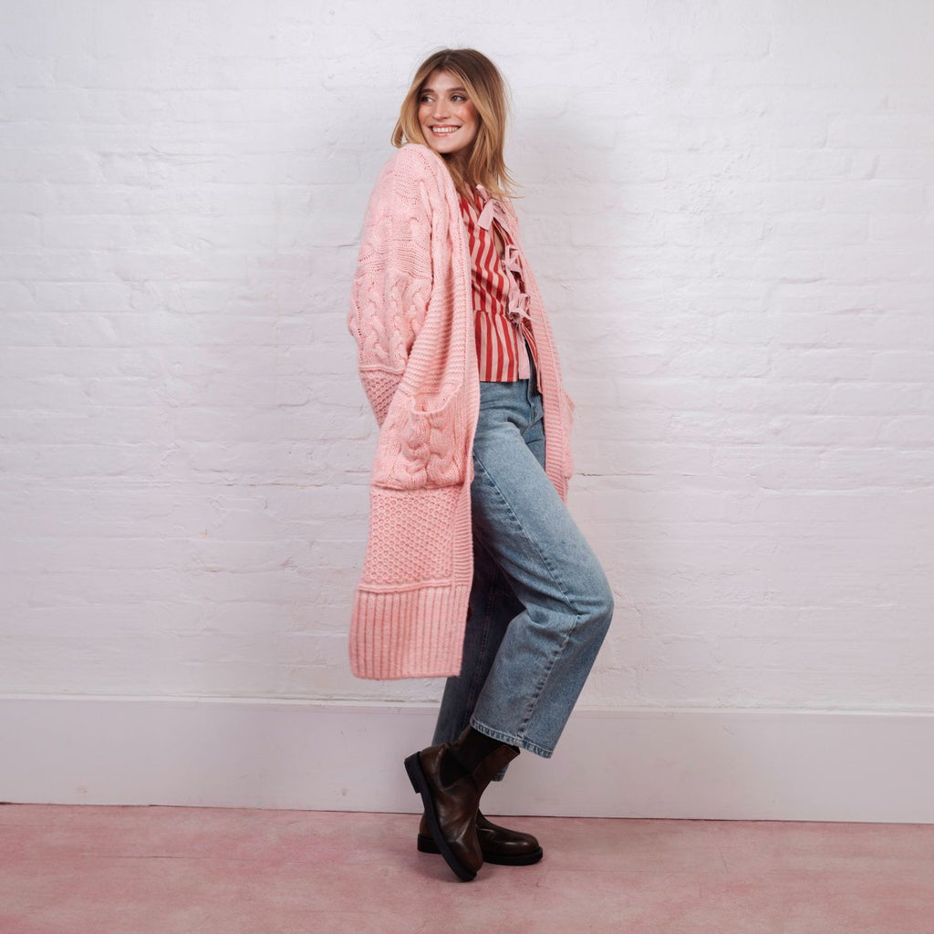 Alex Balloon Sleeve Cable Maxi Cardigan - Pink - Cara & The Sky