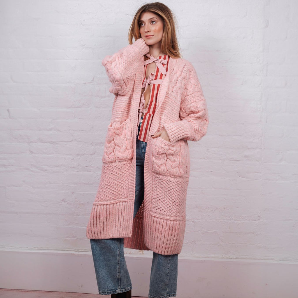 Alex Balloon Sleeve Cable Maxi Cardigan - Pink - Cara & The Sky