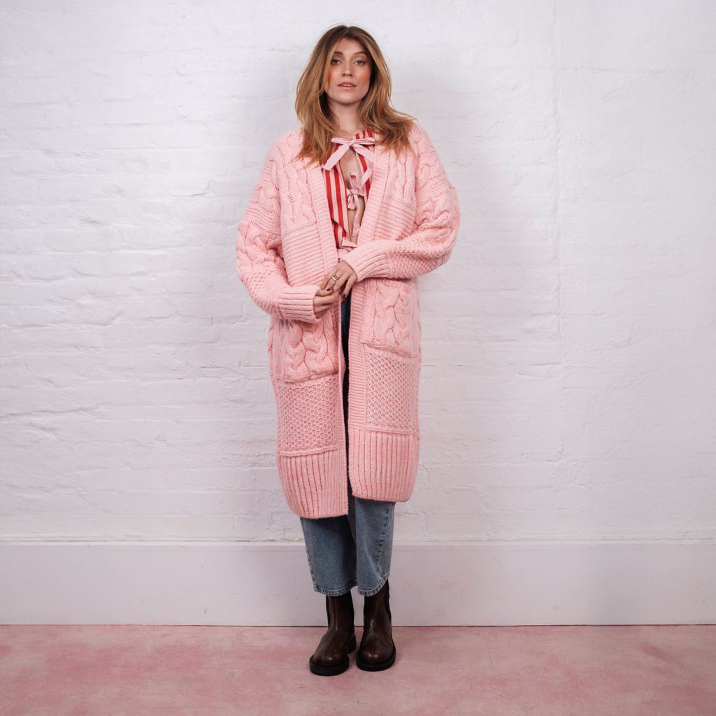 Alex Balloon Sleeve Cable Maxi Cardigan - Pink - Cara & The Sky
