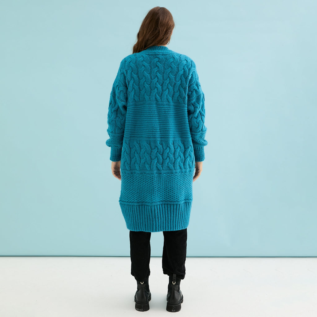 Alex Balloon Sleeve Cable Maxi Cardigan - Teal - Cara & The Sky