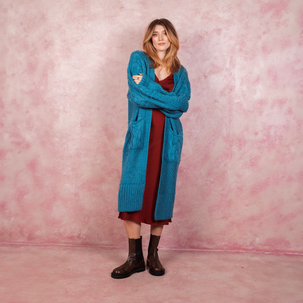 Alex Balloon Sleeve Cable Maxi Cardigan - Teal - Cara & The Sky