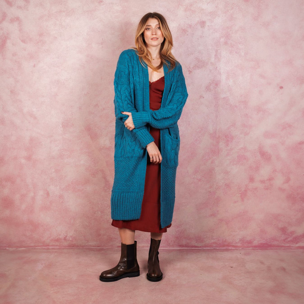 Alex Balloon Sleeve Cable Maxi Cardigan - Teal - Cara & The Sky