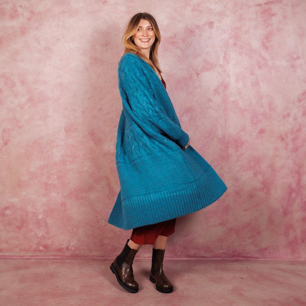 Alex Balloon Sleeve Cable Maxi Cardigan - Teal - Cara & The Sky