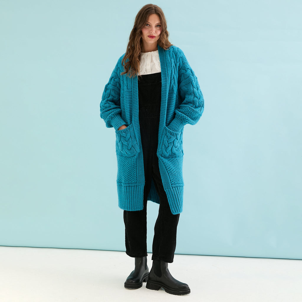 Alex Balloon Sleeve Cable Maxi Cardigan - Teal - Cara & The Sky