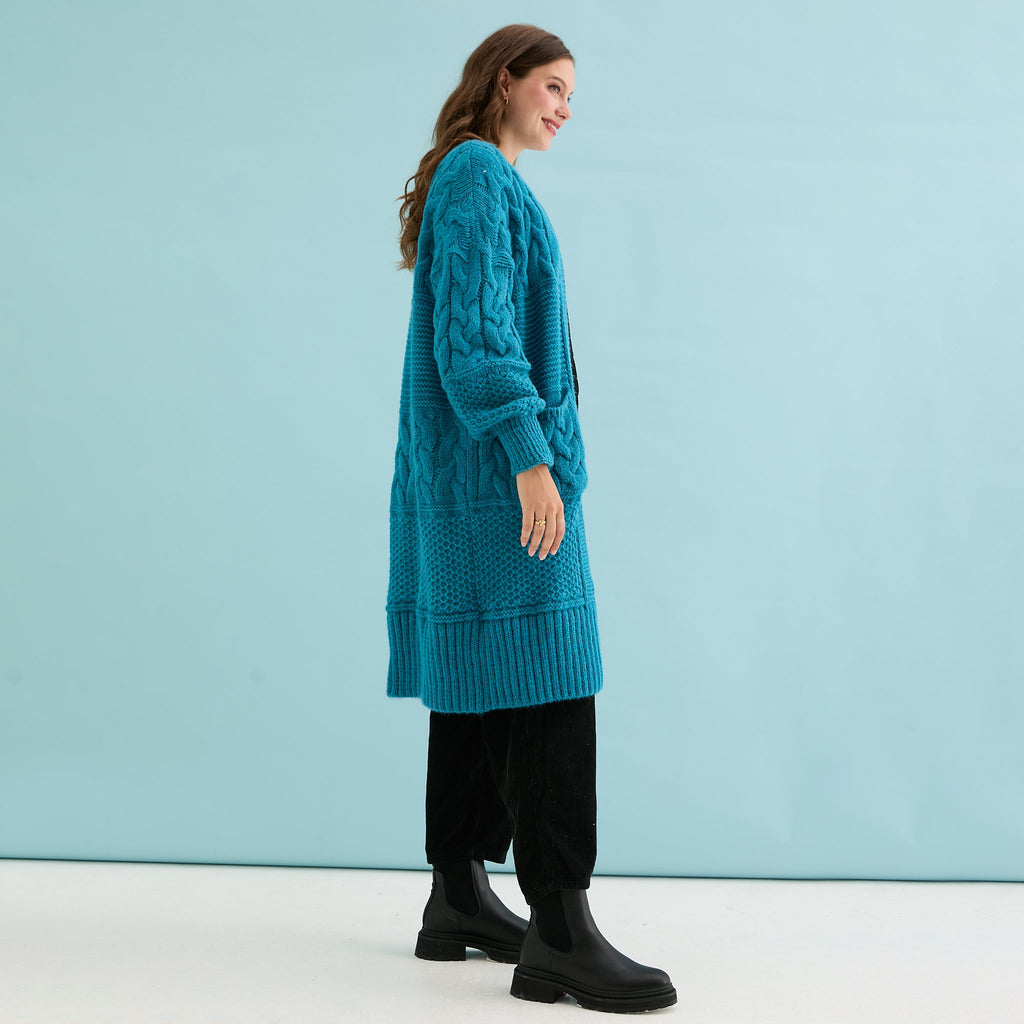 Alex Balloon Sleeve Cable Maxi Cardigan - Teal - Cara & The Sky