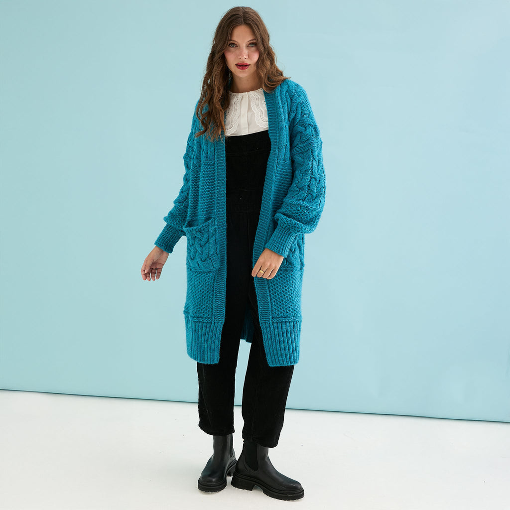Alex Balloon Sleeve Cable Maxi Cardigan - Teal - Cara & The Sky