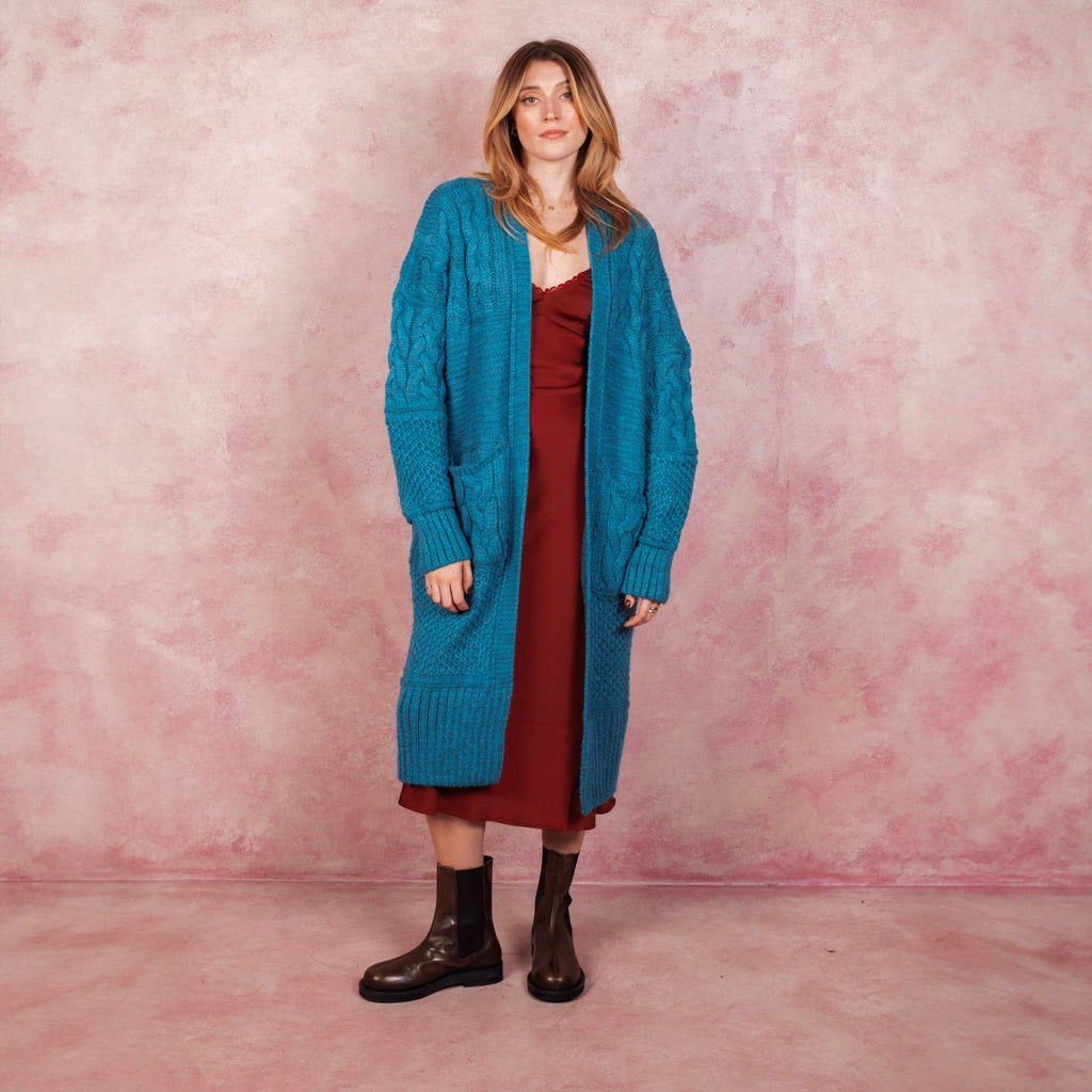 Alex Balloon Sleeve Cable Maxi Cardigan - Teal - Cara & The Sky