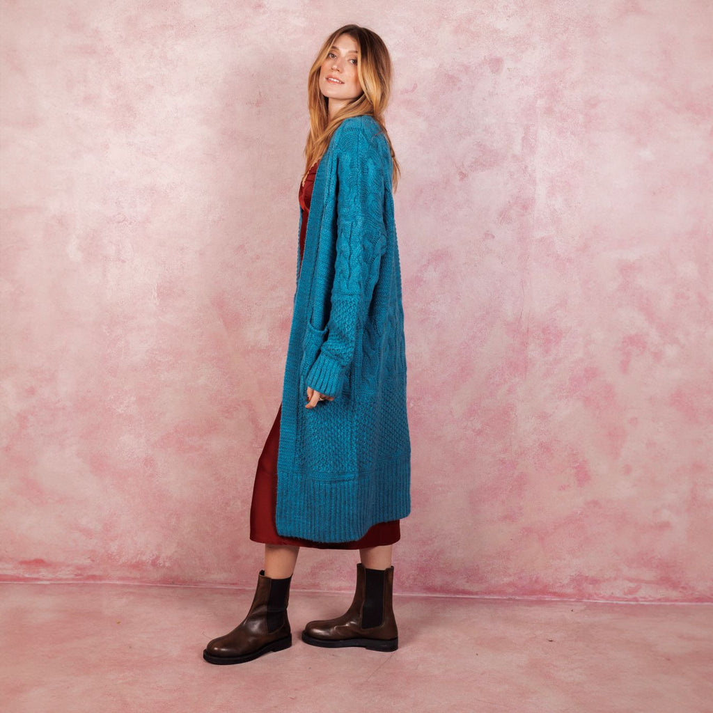 Alex Balloon Sleeve Cable Maxi Cardigan - Teal - Cara & The Sky