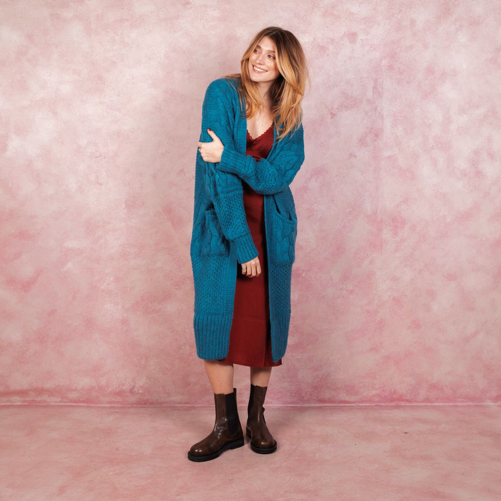 Alex Balloon Sleeve Cable Maxi Cardigan - Teal - Cara & The Sky