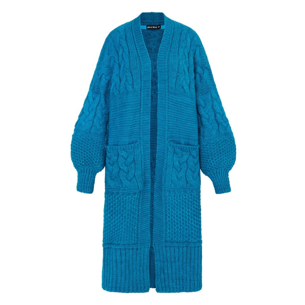 Alex Balloon Sleeve Cable Maxi Cardigan - Teal - Cara & The Sky