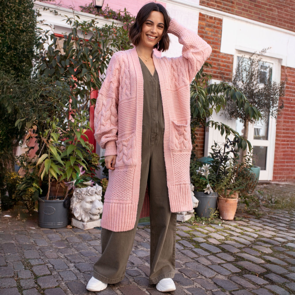 Alex Balloon Sleeve Chunky Oversized Cable Maxi Cardigan - Pink - Cara & The Sky