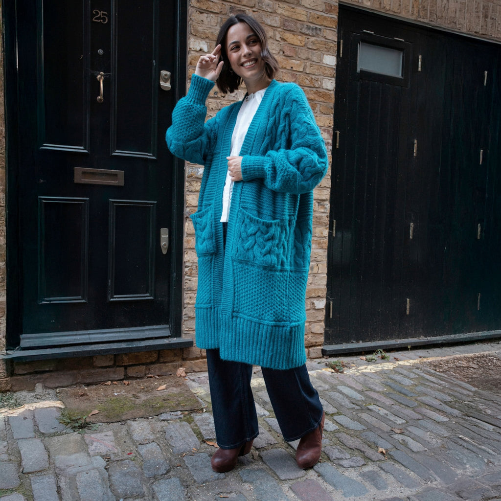 Alex Chunky Oversized Balloon Sleeve Cable Maxi Cardigan - Teal - Cara & The Sky
