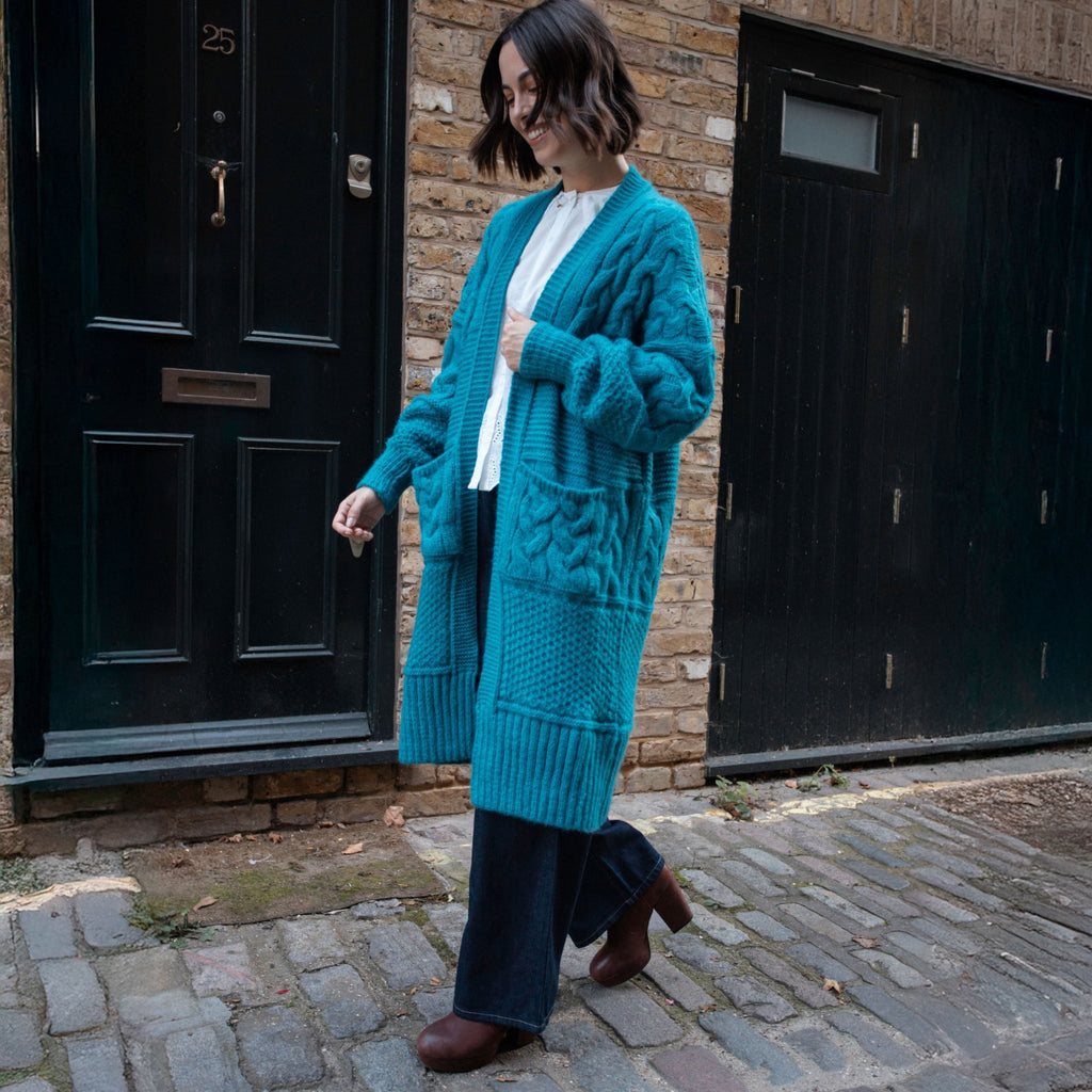 Alex Chunky Oversized Balloon Sleeve Cable Maxi Cardigan - Teal - Cara & The Sky