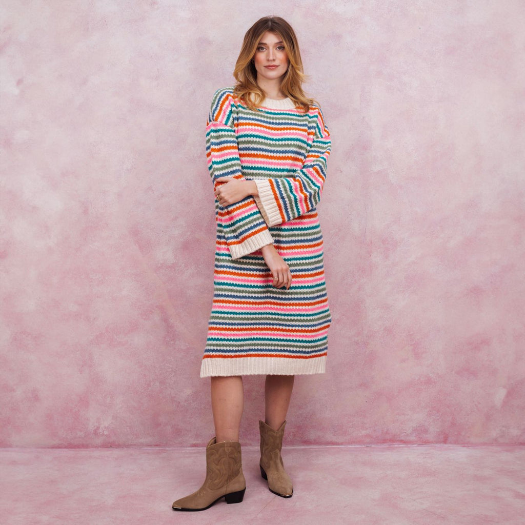 Becca Rainbow Stripe Knitted Midi Dress - Rainbow - Cara & The Sky