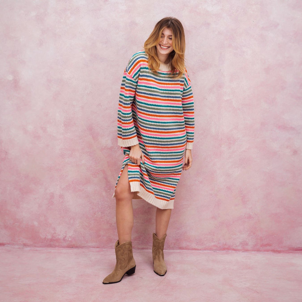 Becca Rainbow Stripe Knitted Midi Dress - Rainbow - Cara & The Sky
