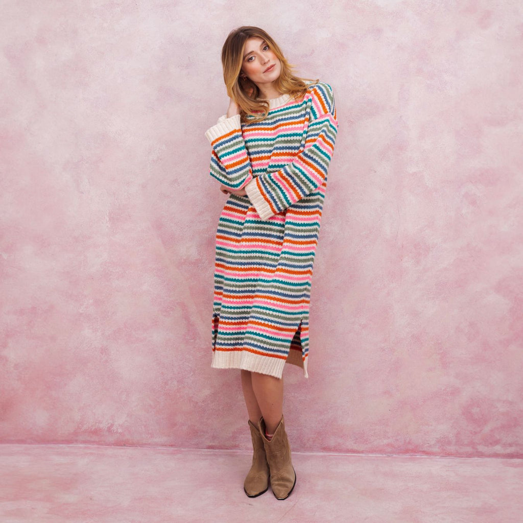 Becca Rainbow Stripe Knitted Midi Dress - Rainbow - Cara & The Sky
