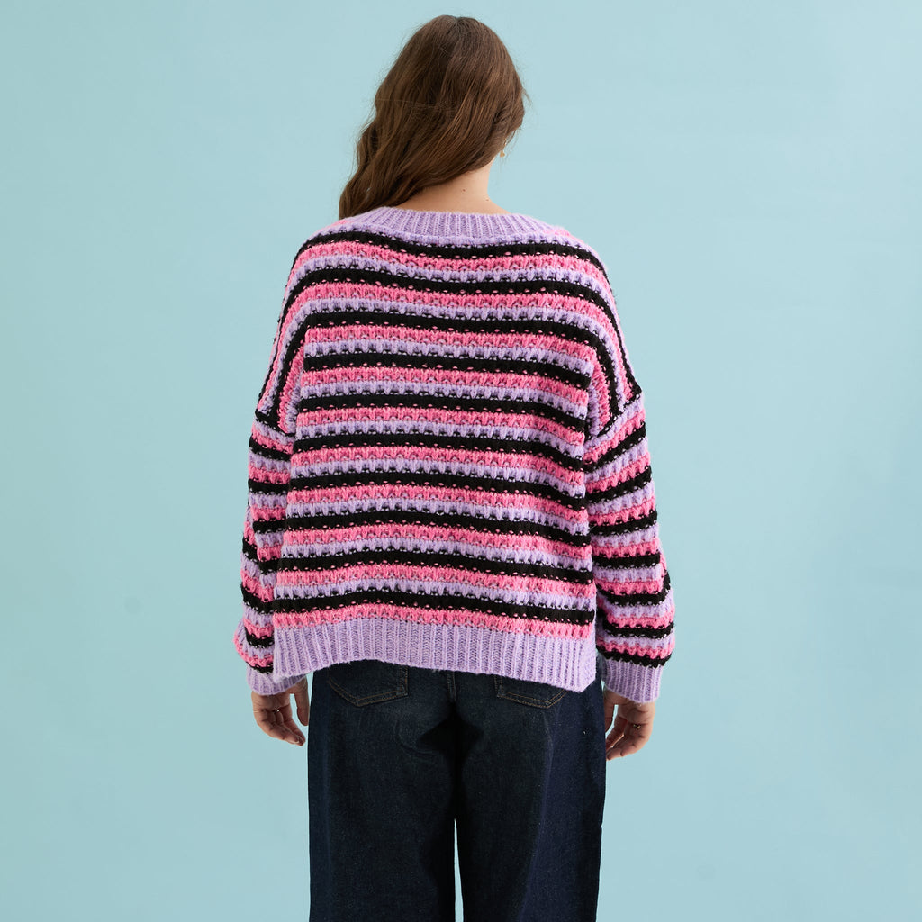 Bernice Stripe Cross Stitch Cardigan - Lilac - Cara & The Sky