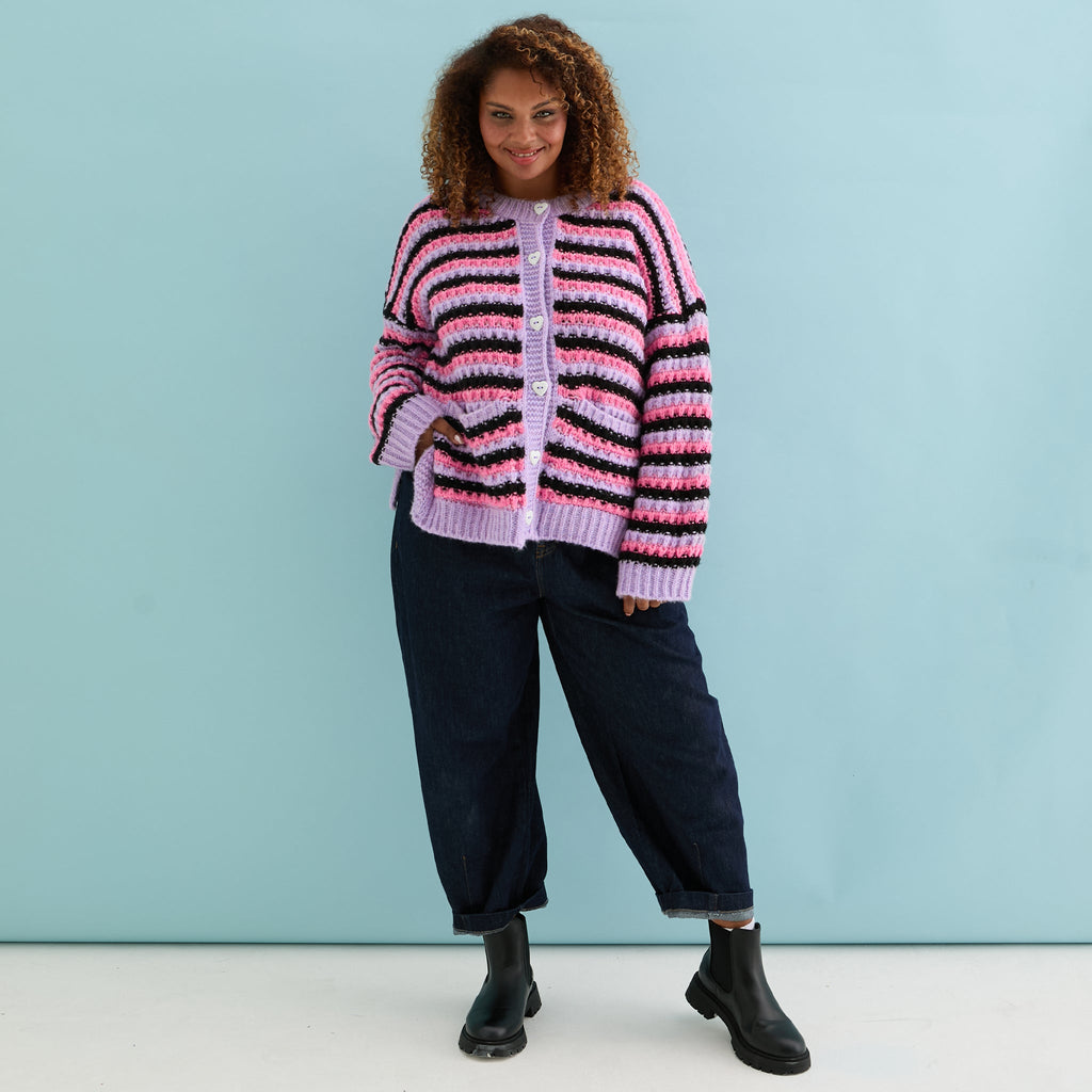 💜 Bernice Twinning Bundle – Adult & Kids Matching Cardigans Lilac, Pink & Black Stripes - Cara & The Sky