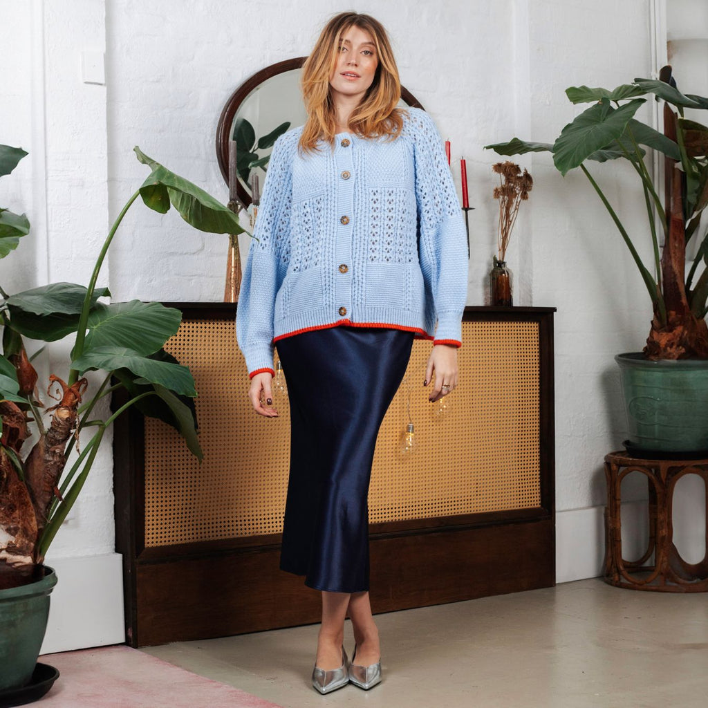 Brigit Pointelle Stitch Balloon Sleeve Cardigan - Blue - Cara & The Sky