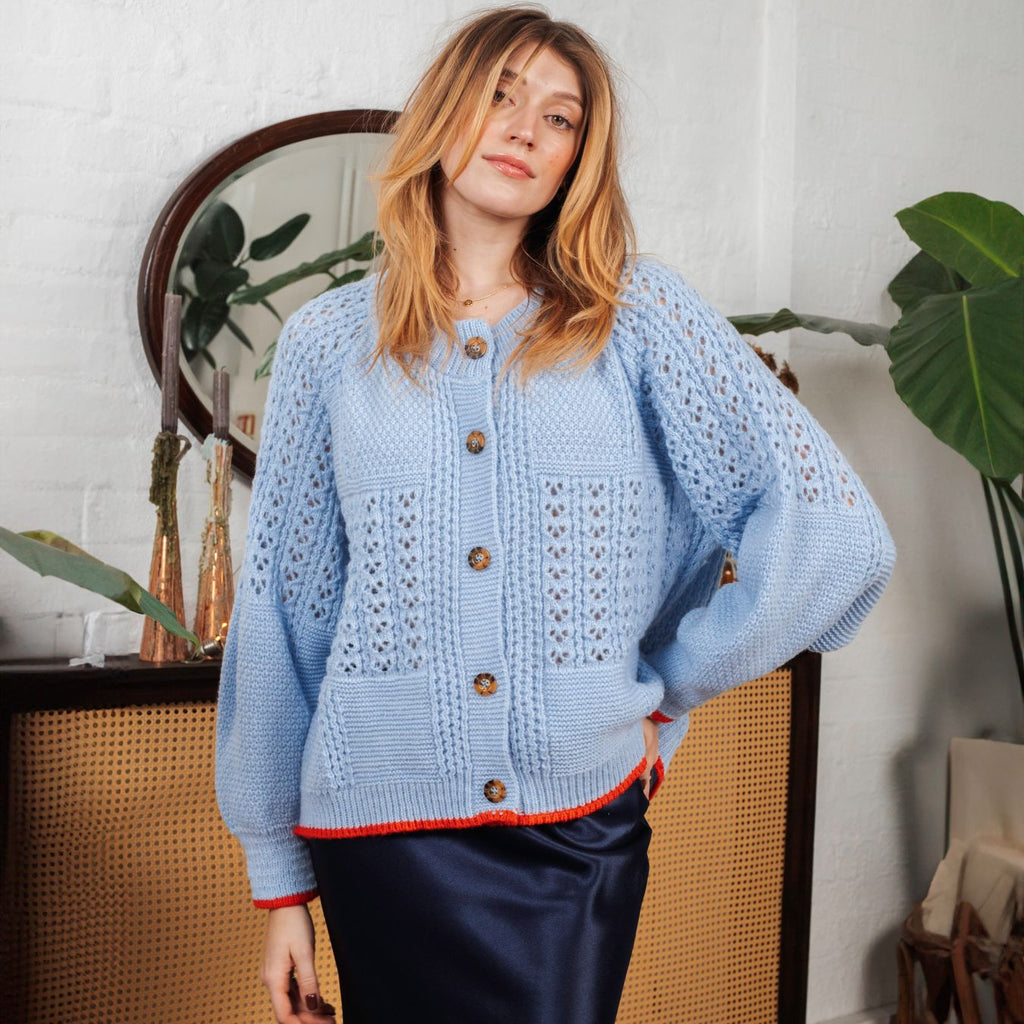 Brigit Pointelle Stitch Balloon Sleeve Cardigan - Blue - Cara & The Sky