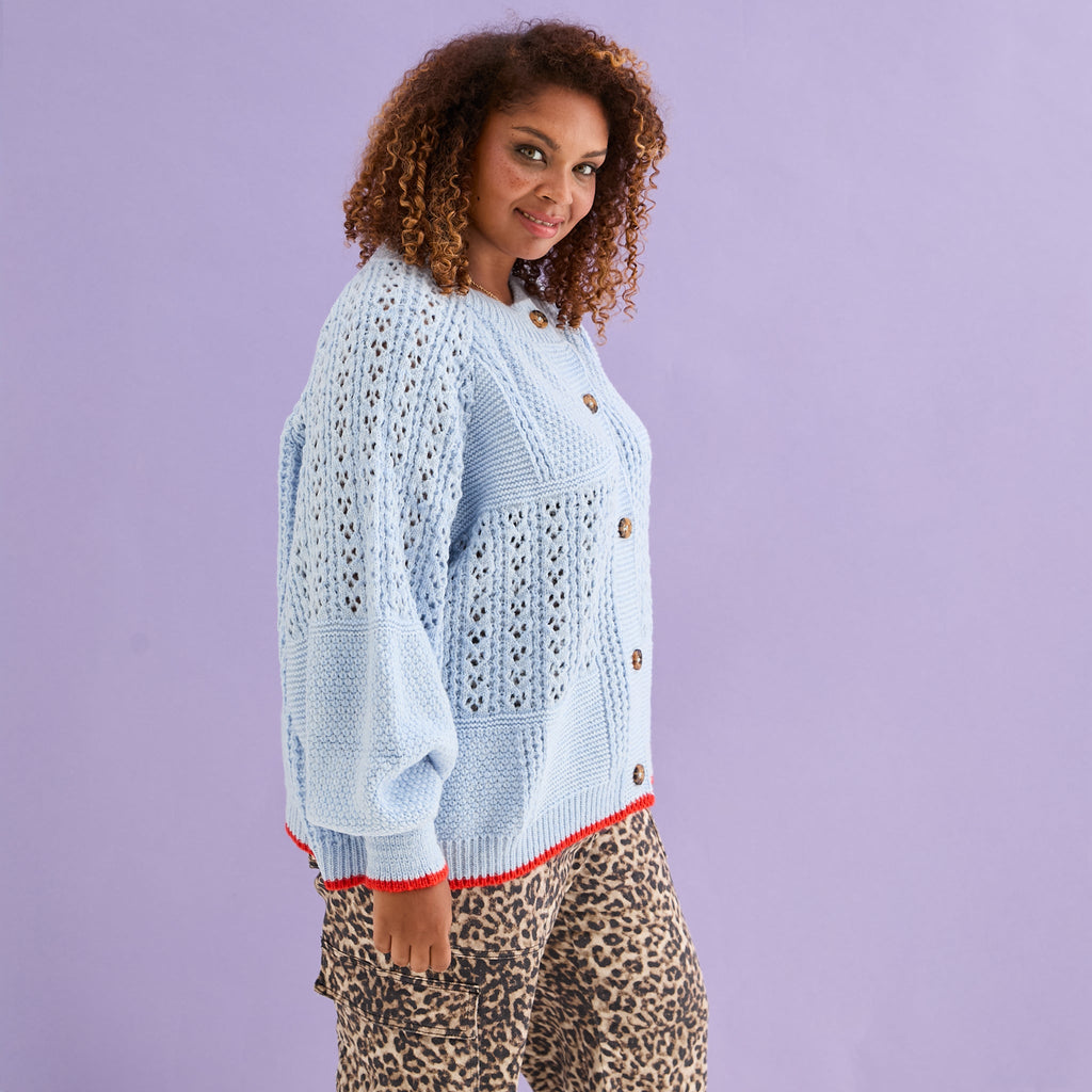 Brigit Pointelle Stitch Balloon Sleeve Cardigan - Blue - Cara & The Sky