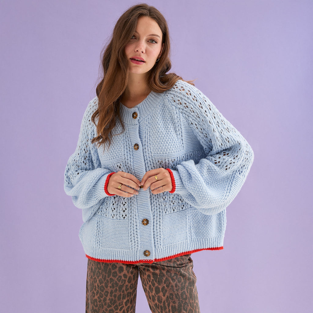 Brigit Pointelle Stitch Balloon Sleeve Cardigan - Blue - Cara & The Sky