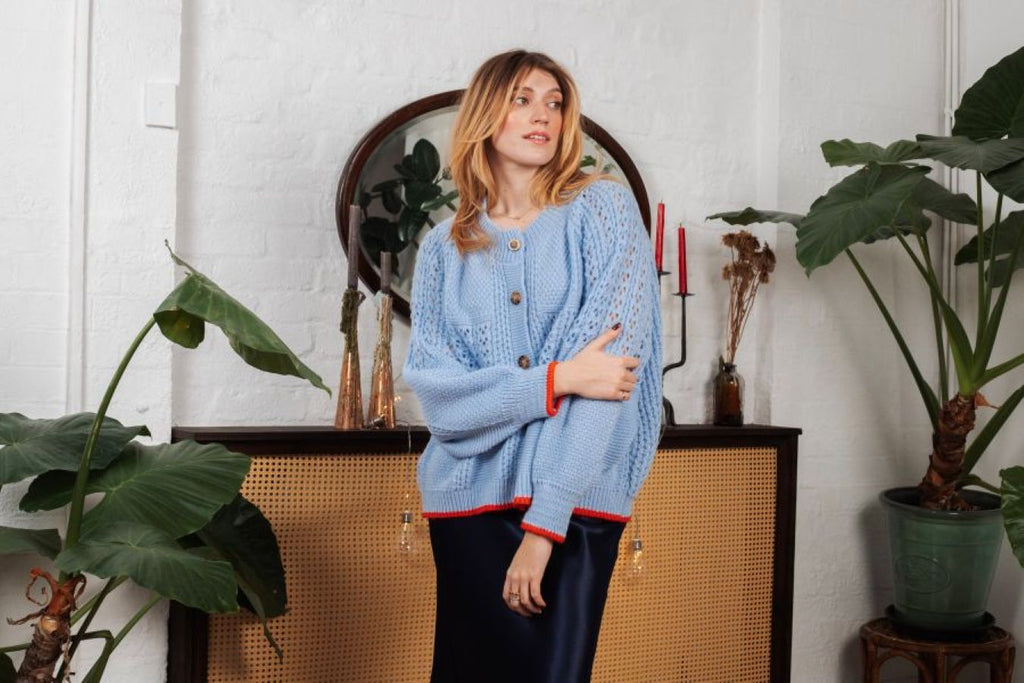 Brigit Pointelle Stitch Balloon Sleeve Cardigan - Blue - Cara & The Sky
