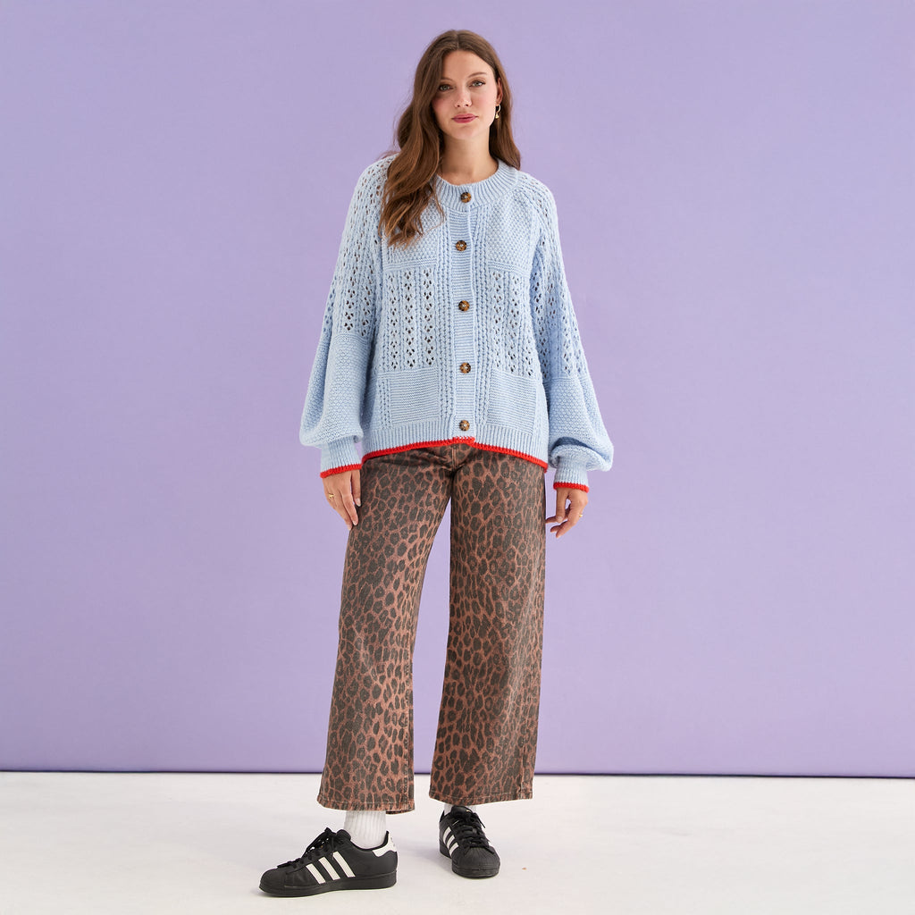 Brigit Pointelle Stitch Balloon Sleeve Cardigan - Blue - Cara & The Sky