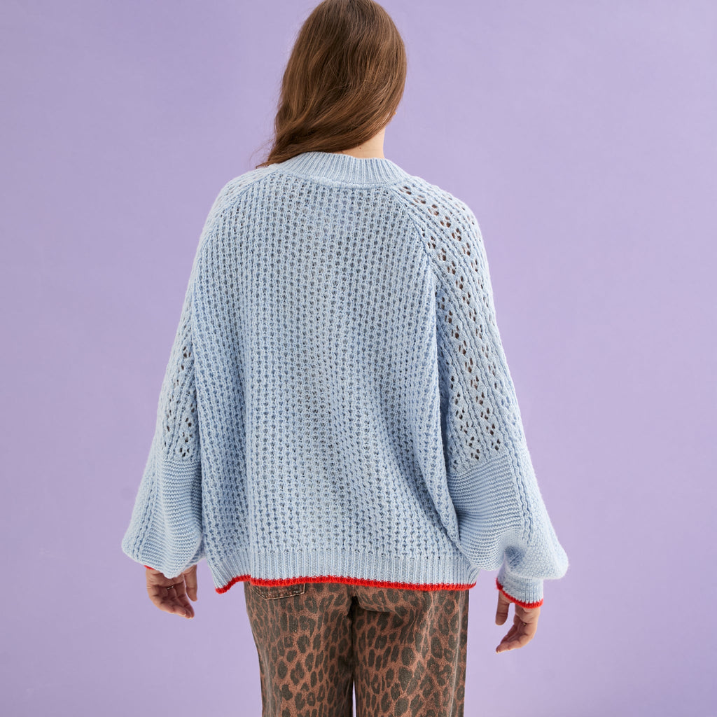 Brigit Pointelle Stitch Balloon Sleeve Cardigan - Blue - Cara & The Sky