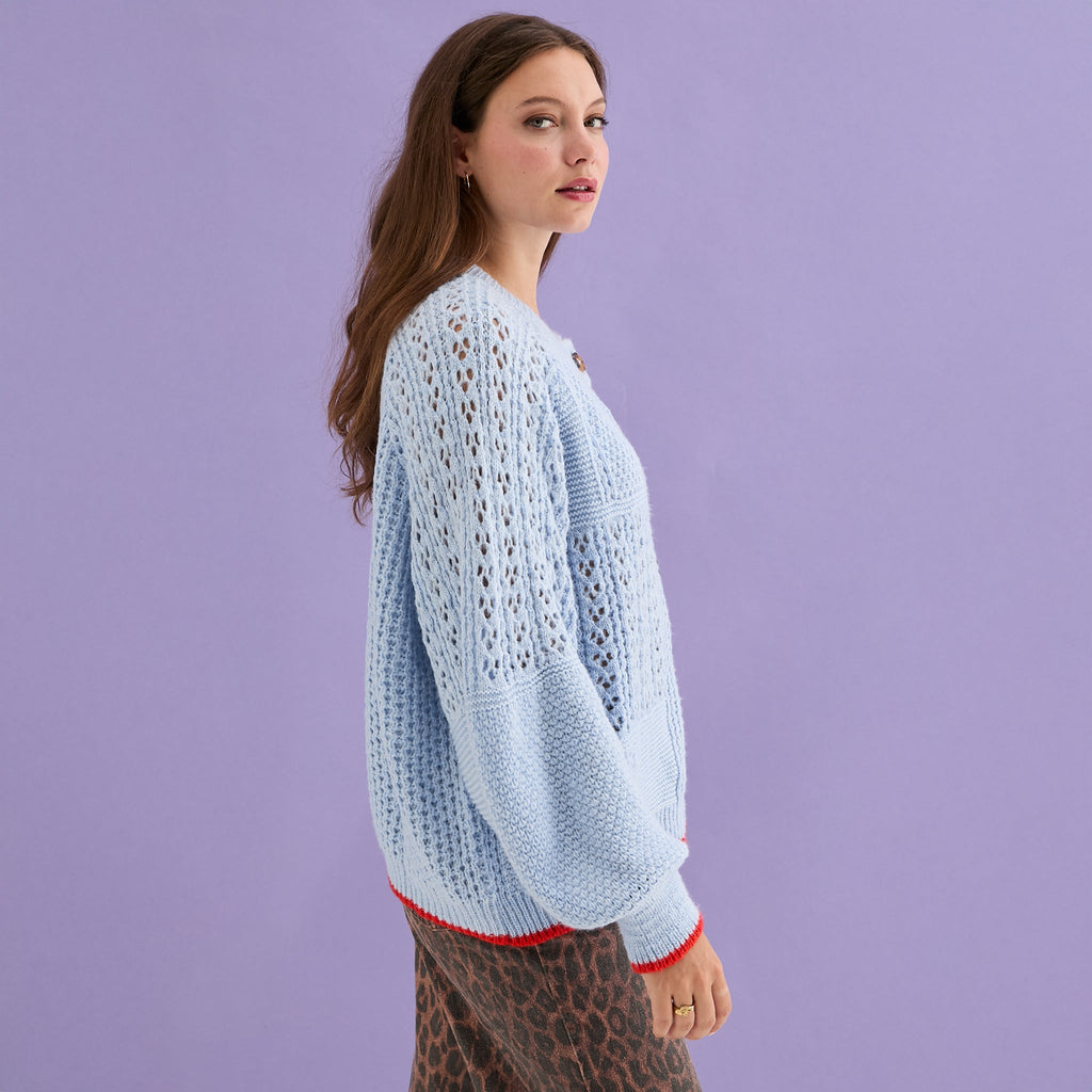 Brigit Pointelle Stitch Balloon Sleeve Cardigan - Blue - Cara & The Sky