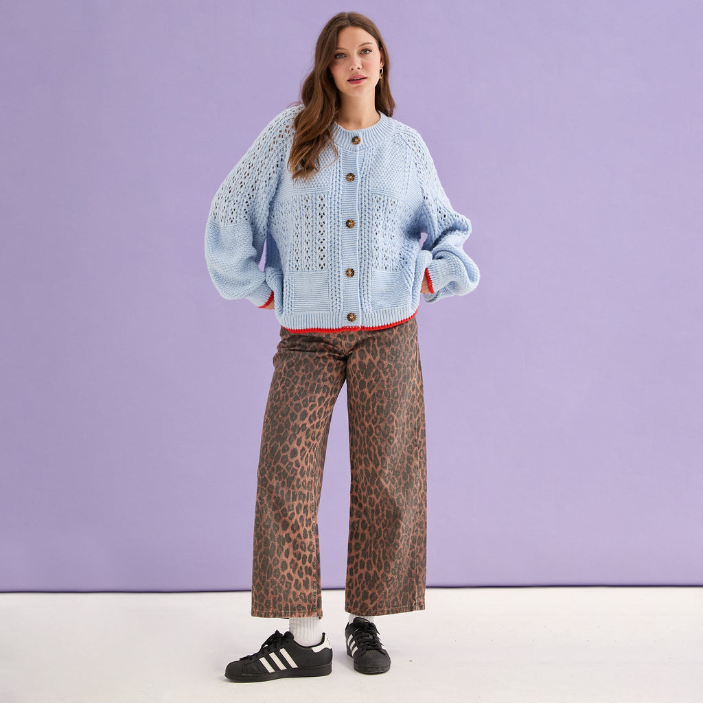 Brigit Pointelle Stitch Balloon Sleeve Cardigan - Blue - Cara & The Sky