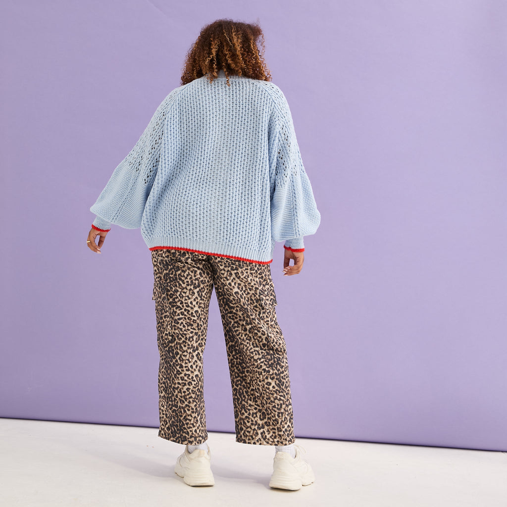 Brigit Pointelle Stitch Balloon Sleeve Cardigan - Blue - Cara & The Sky