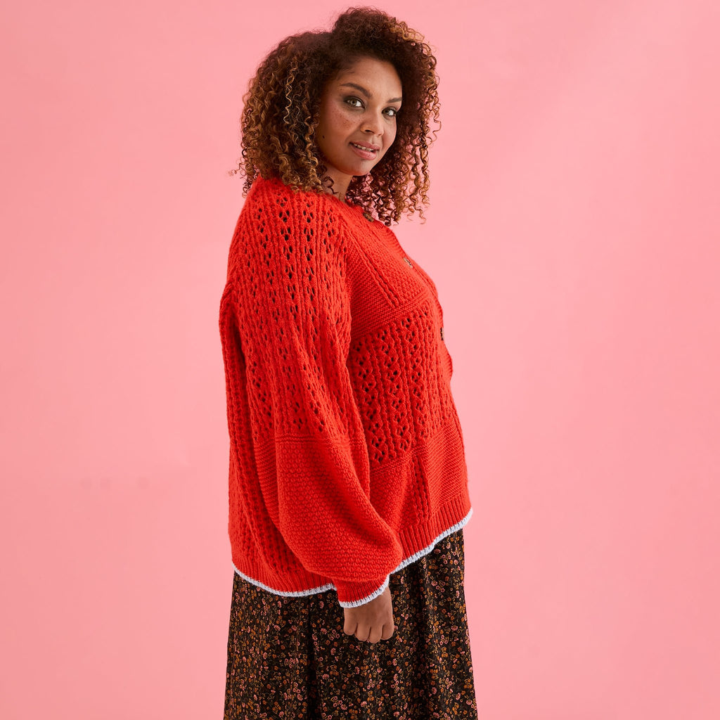 Brigit Pointelle Stitch Balloon Sleeve Cardigan - Orange - Cara & The Sky