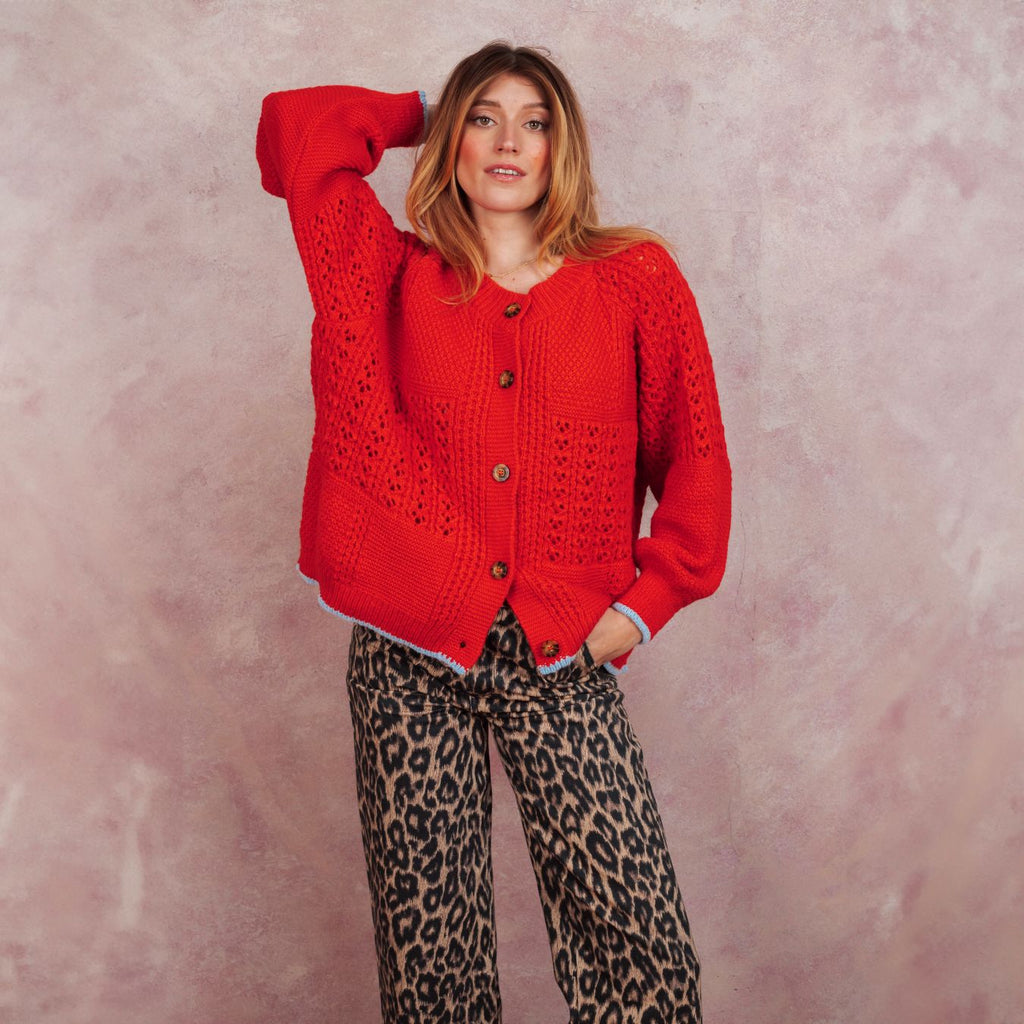 Brigit Pointelle Stitch Balloon Sleeve Cardigan - Orange - Cara & The Sky