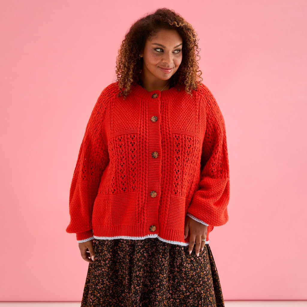 Brigit Pointelle Stitch Balloon Sleeve Cardigan - Orange - Cara & The Sky