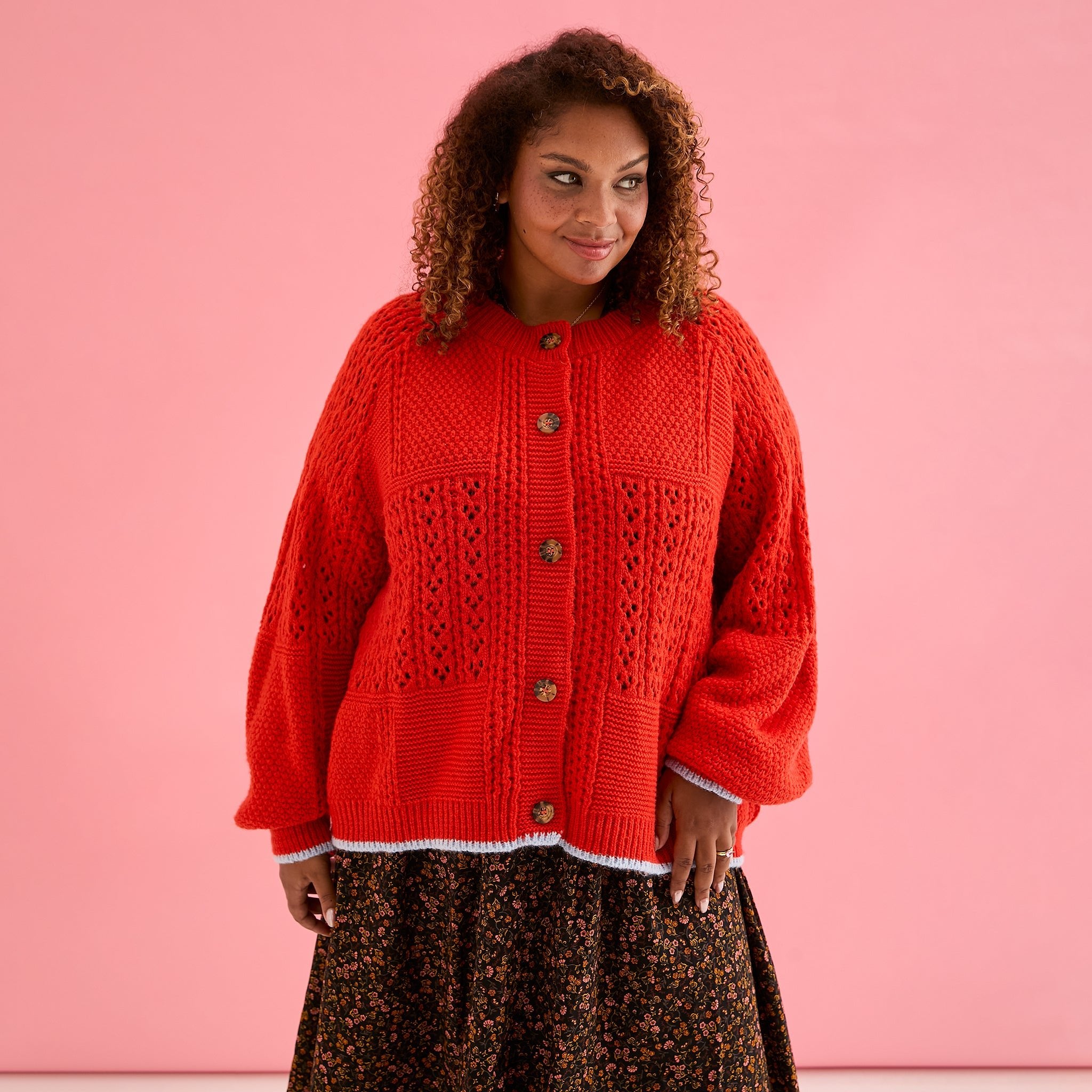 Brigit Orange Pointelle Stitch Balloon Sleeve Cardigan | Cara
