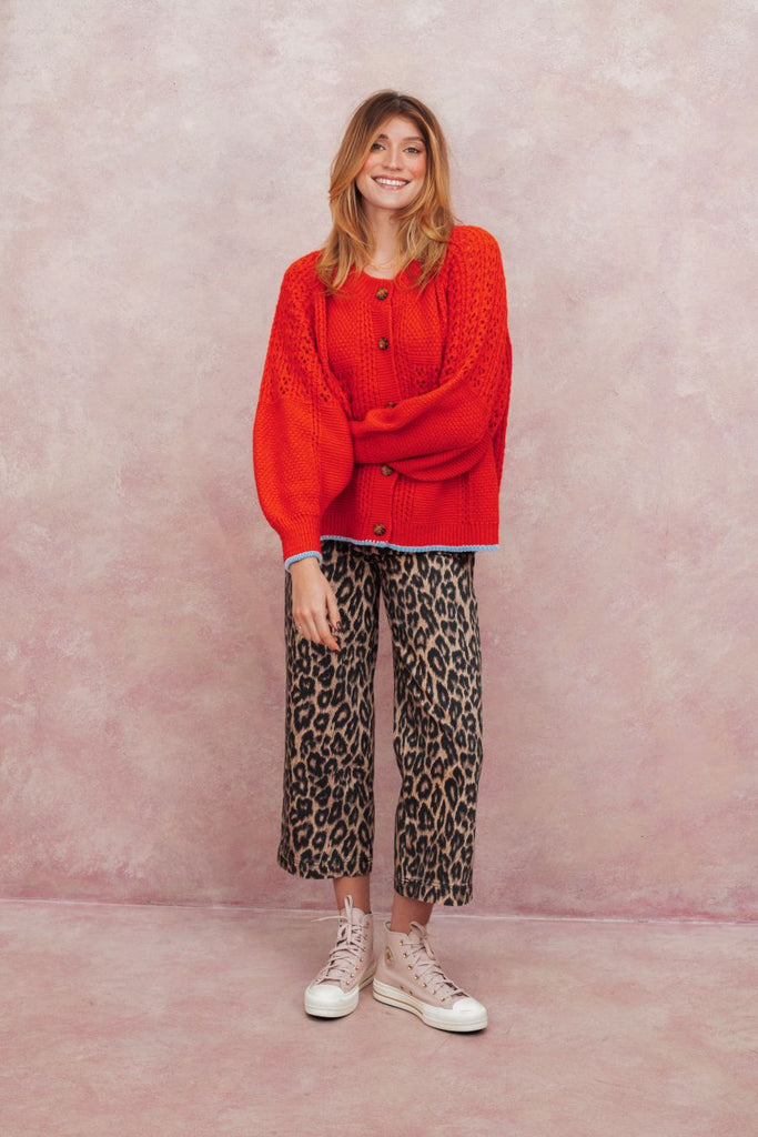 Brigit Pointelle Stitch Balloon Sleeve Cardigan - Orange - Cara & The Sky