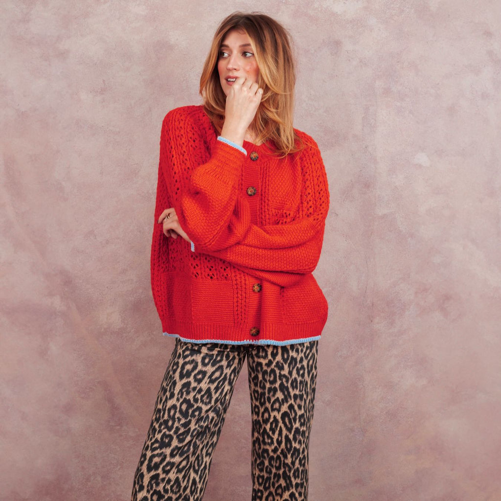 Brigit Pointelle Stitch Balloon Sleeve Cardigan - Orange - Cara & The Sky