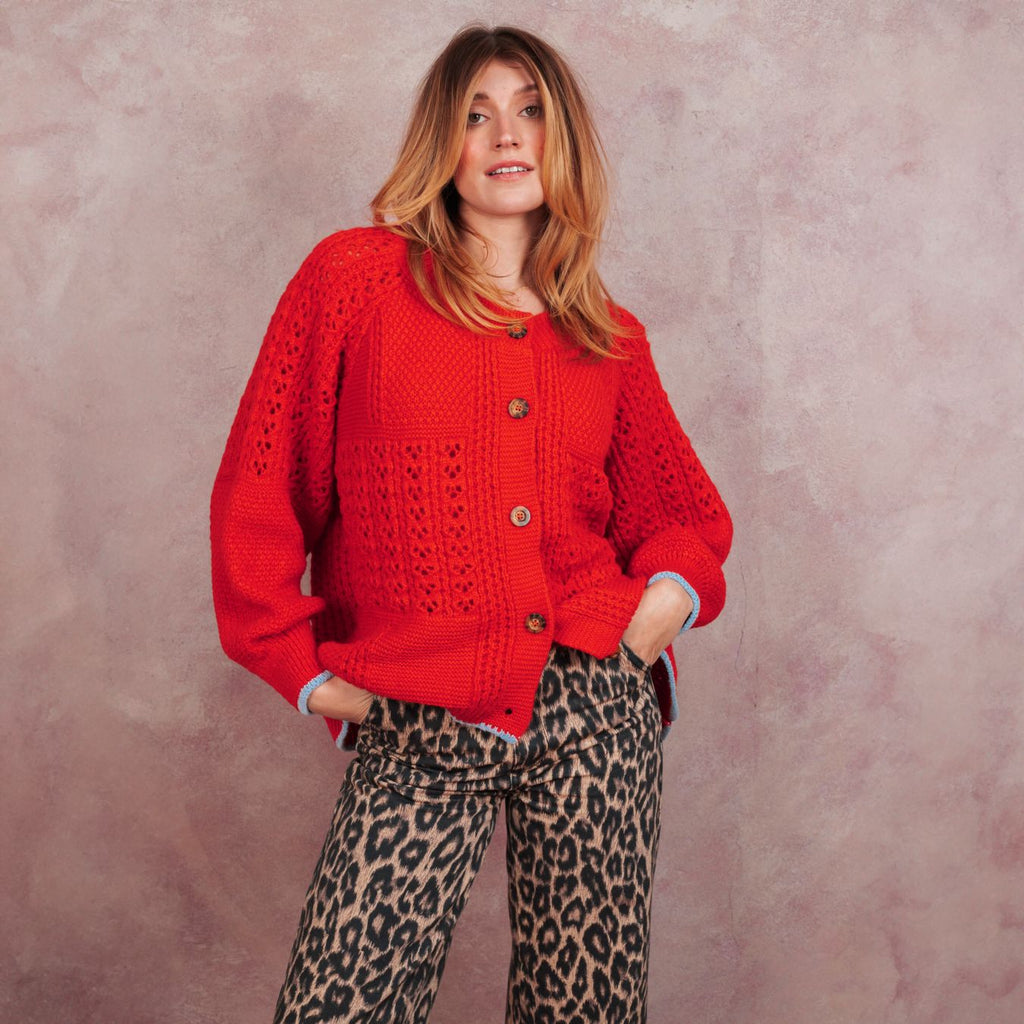 Brigit Pointelle Stitch Balloon Sleeve Cardigan - Orange - Cara & The Sky